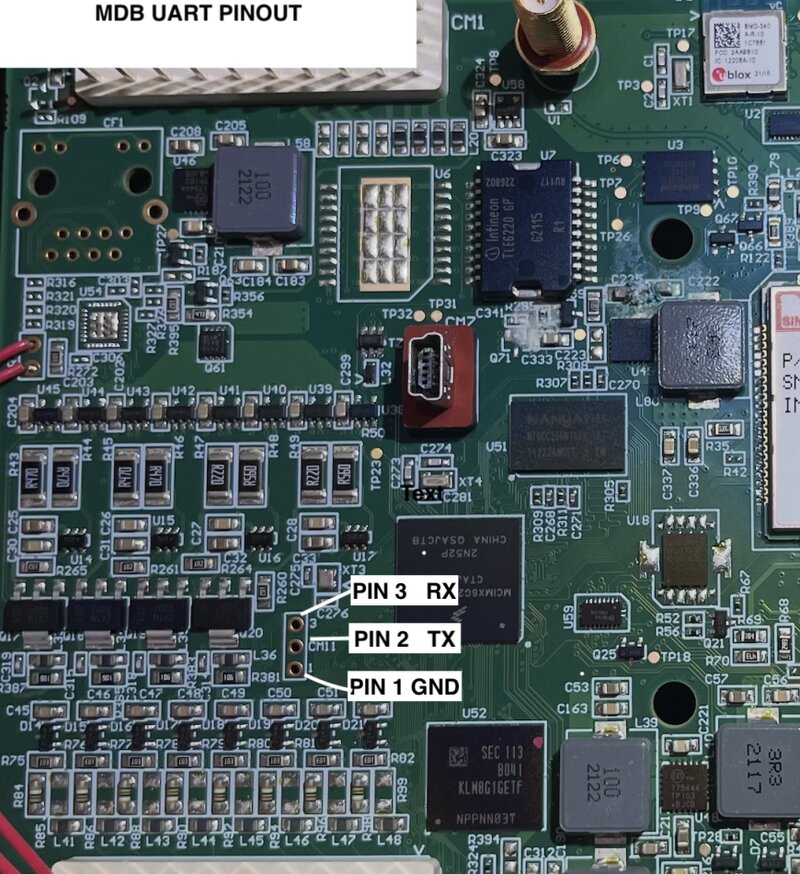MDB-Board mit UART-Pinbelegung: Pin 1 GND, Pin 2 TX, Pin 3 RX