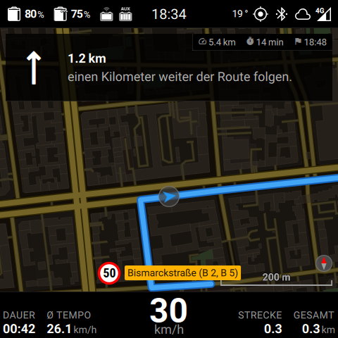 Die 2D-Karte nach Norden ausgerichtet, mit aktiver Route