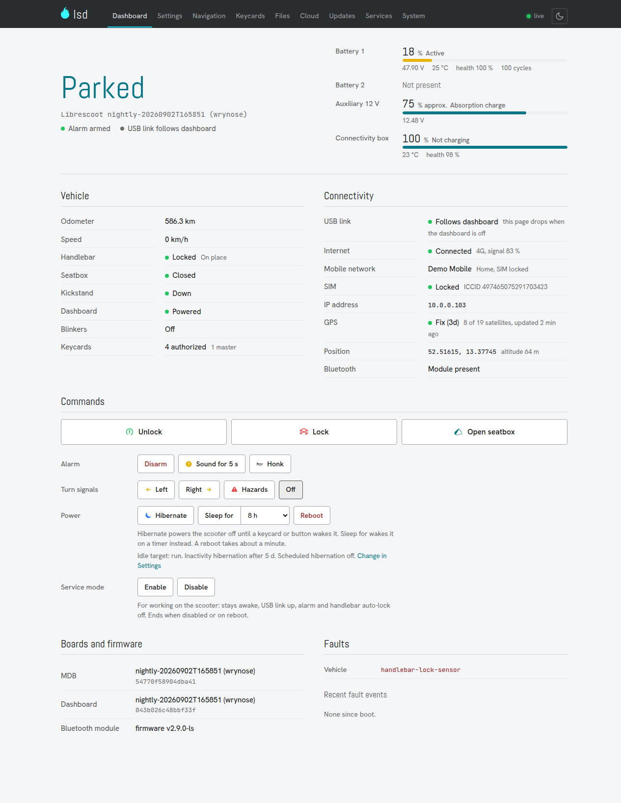 The lsd dashboard: vehicle state, batteries, vehicle and connectivity facts, commands, boards and faults