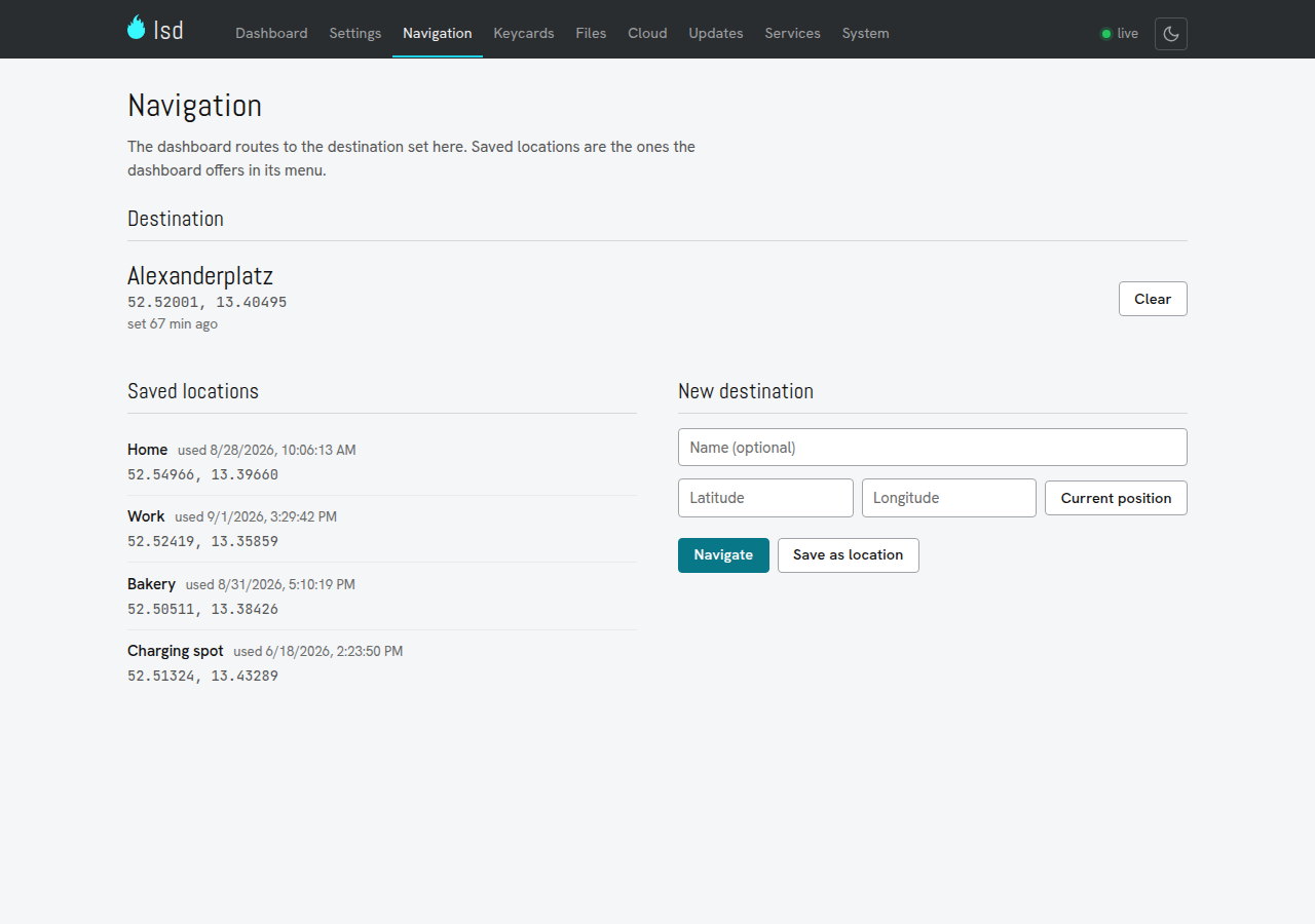 The navigation page with the current destination, saved locations and a form for a new destination