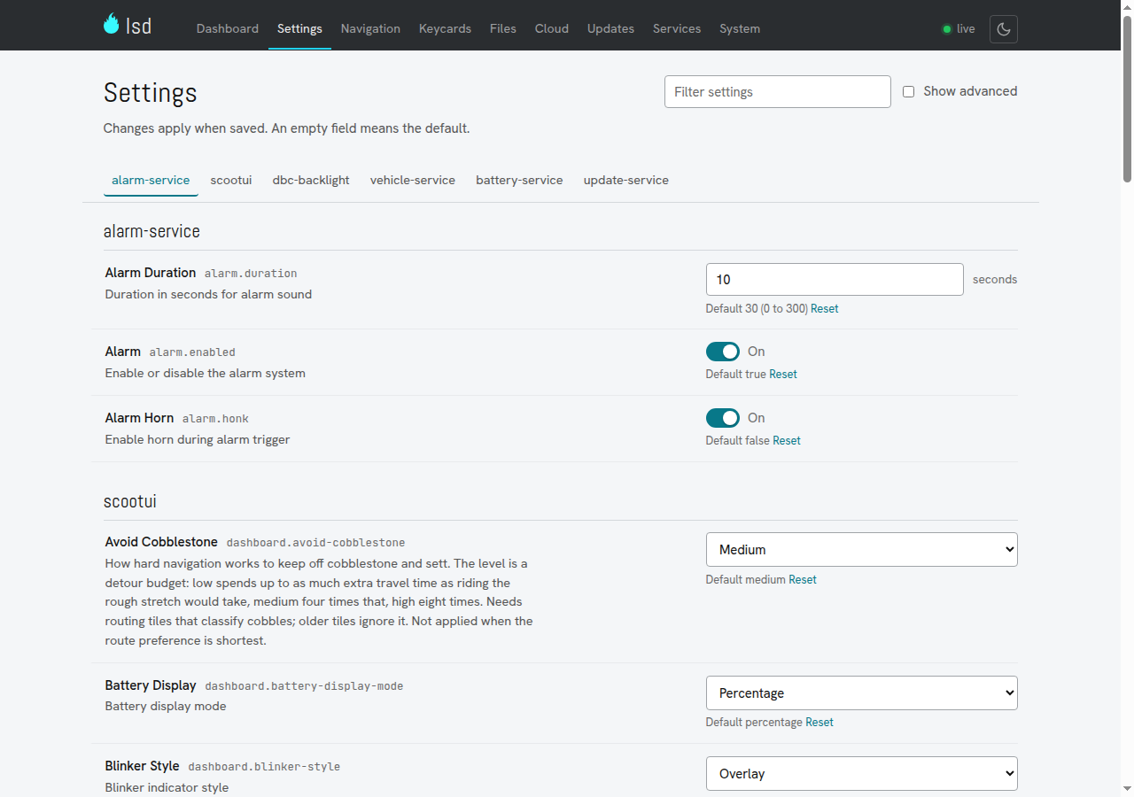 The settings page with grouped settings, switches and selects
