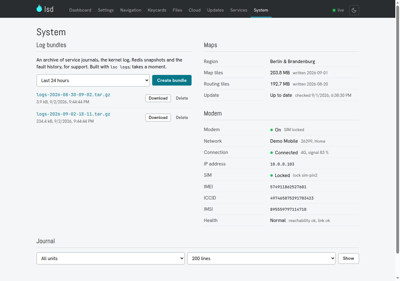 The system page with log bundles, maps, modem details and the journal viewer