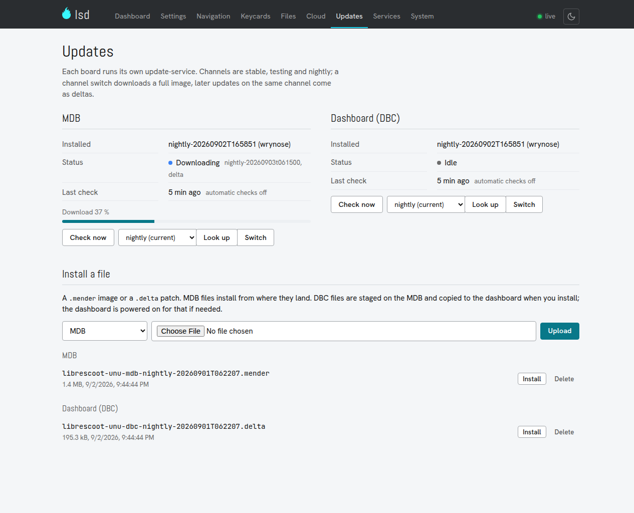 The updates page with per-board status, channel controls and staged update files