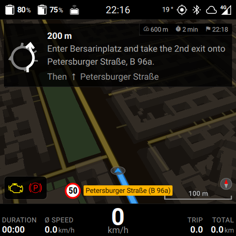 The same map view in night mode with a dark background