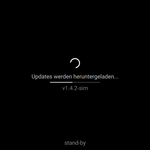 Schwarzer Standby-Bildschirm mit der Meldung Updates werden heruntergeladen, einer Versionsnummer und dem Wort stand-by