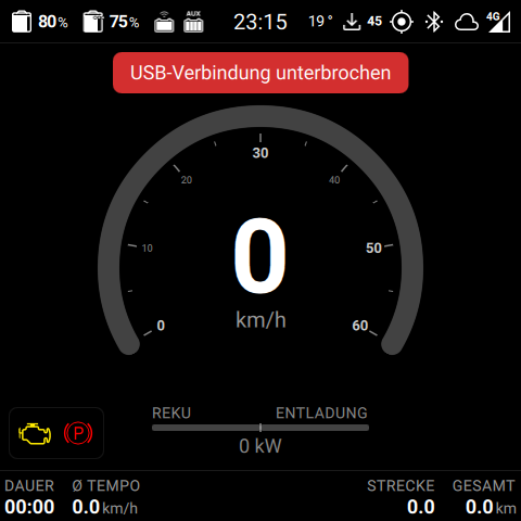 Cluster mit rotem Toast-Hinweis USB-Verbindung unterbrochen oben am Display