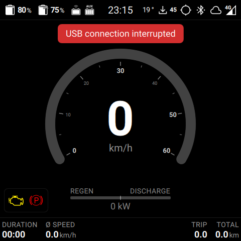 Cluster with a red toast notification reading USB connection interrupted at the top of the display