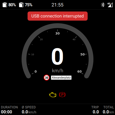 Cluster mit rotem Toast-Hinweis USB connection interrupted oben am Display