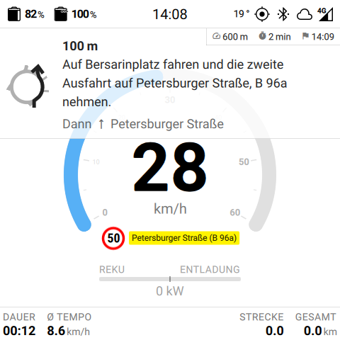 Heller Tacho während der Fahrt bei 28 km/h