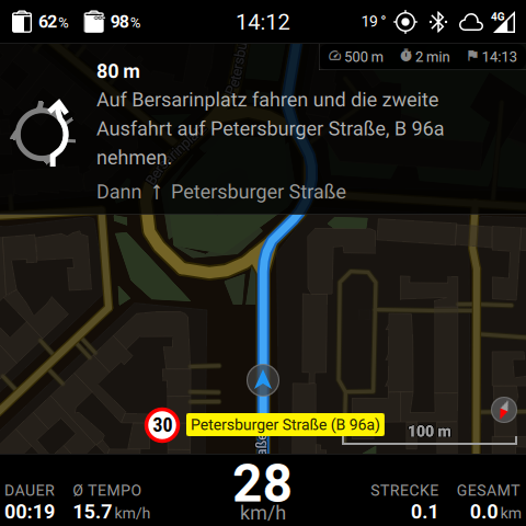 2D-Navigation in Fahrtrichtung mit aktiver Route