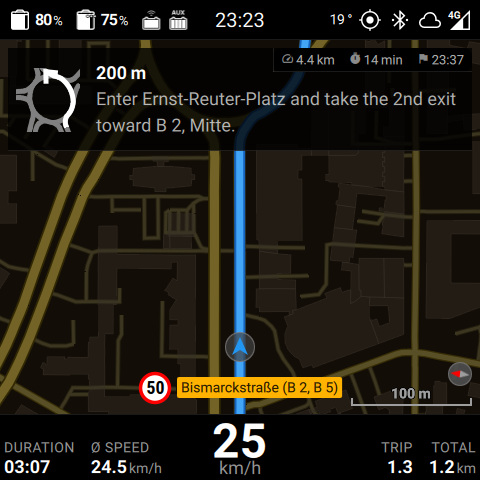 The 2D map, heading-up, with an active route