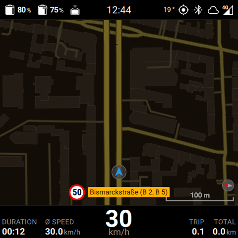 The 2D map, heading-up, without an active route
