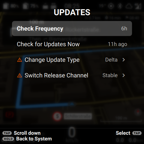 The Updates menu on the scooter